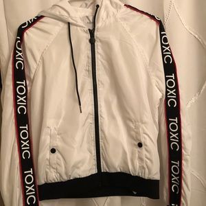 White zip-up hoodie.